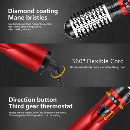2-in-1 Red Automatic Rotating Hot Air Styler(38/50mm Curling Barrel) - Multifunctional Hair Dryer Brush, Straightener & Curler with 3 Heat Settings and 360° Bi-directional Rotation.