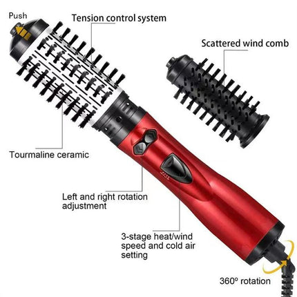 2-in-1 Red Automatic Rotating Hot Air Styler(38/50mm Curling Barrel) - Multifunctional Hair Dryer Brush, Straightener & Curler with 3 Heat Settings and 360° Bi-directional Rotation.