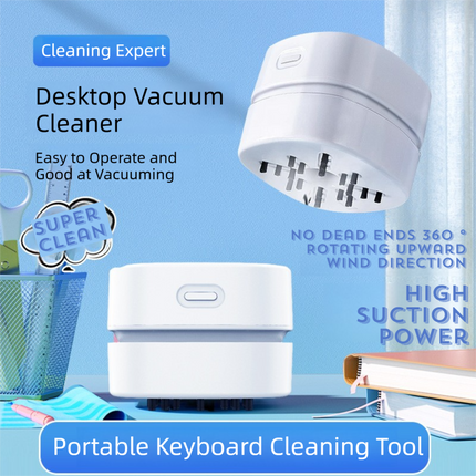 White Portable Handheld Cordless Mini Desktop Vacuum Cleaner - Powerful 10KPA Suction,  Efficient Dust & Debris Collection for Home, Office, and Student Use.