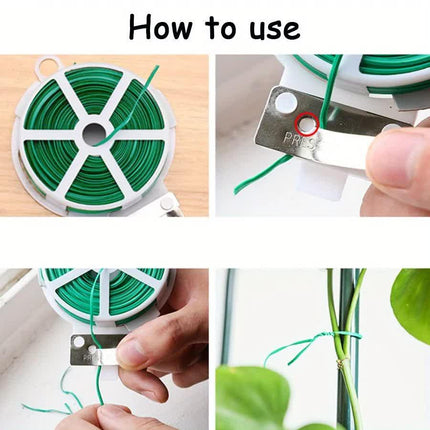 4-Rolls 100M Multifunctional Plastic Steel Twist Tie with Cutter - Sturdy Reusable Plant Support & Climbing Vine Tie.