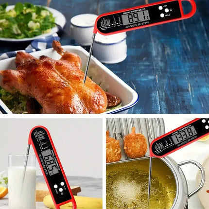 Red Folding Probe Digital LED Food Thermometer(-50℃ to 300℃) - Kitchen Cooking BBQ Meat Milk Temperature Gauge, High Accuracy with Magnet & Hanging Hole.