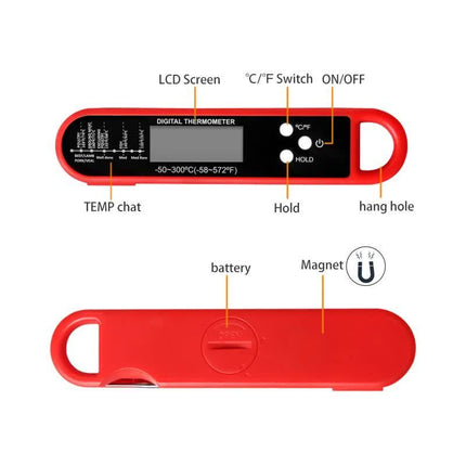 Red Folding Probe Digital LED Food Thermometer(-50℃ to 300℃) - Kitchen Cooking BBQ Meat Milk Temperature Gauge, High Accuracy with Magnet & Hanging Hole.