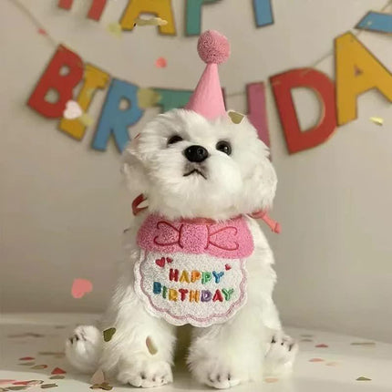 4-Pack Adorable Pet Dog Cat Birthday Party Hat & Bib Set(Pink & Light Blue) - Embroidered Bandana Bib & Felt Party Hat, Adjustable Tie-On Dress-Up Accessories.