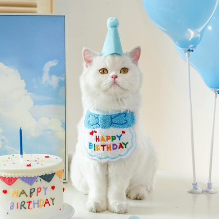 4-Pack Adorable Pet Dog Cat Birthday Party Hat & Bib Set(Pink & Light Blue) - Embroidered Bandana Bib & Felt Party Hat, Adjustable Tie-On Dress-Up Accessories.