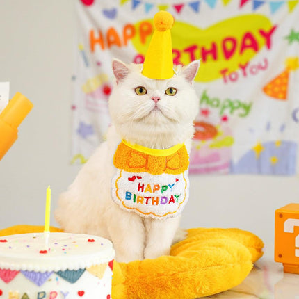 4-Pack Adorable Pet Dog Cat Birthday Party Hat & Bib Set(Yellow & Orange) - Embroidered Bandana Bib & Felt Party Hat, Adjustable Tie-On Dress-Up Accessories.