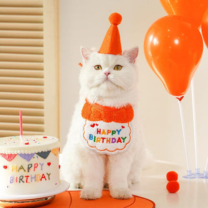 4-Pack Adorable Pet Dog Cat Birthday Party Hat & Bib Set(Yellow & Orange) - Embroidered Bandana Bib & Felt Party Hat, Adjustable Tie-On Dress-Up Accessories.