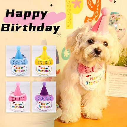 4-Pack Adorable Pet Dog Cat Birthday Party Hat & Bib Set(Yellow & Orange) - Embroidered Bandana Bib & Felt Party Hat, Adjustable Tie-On Dress-Up Accessories.
