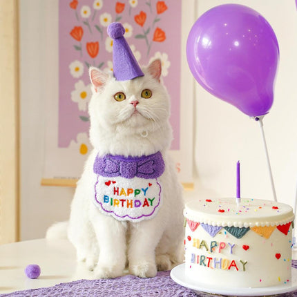 4-Pack Adorable Pet Dog Cat Birthday Party Hat & Bib Set(Purple & Dark-Blue) - Embroidered Bandana Bib & Felt Party Hat, Adjustable Tie-On Dress-Up Accessories.