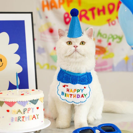 4-Pack Adorable Pet Dog Cat Birthday Party Hat & Bib Set(Purple & Dark-Blue) - Embroidered Bandana Bib & Felt Party Hat, Adjustable Tie-On Dress-Up Accessories.