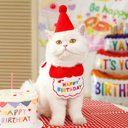 4-Pack Adorable Pet Dog Cat Birthday Party Hat & Bib Set(Green & Red) - Embroidered Bandana Bib & Felt Party Hat, Adjustable Tie-On Dress-Up Accessories.
