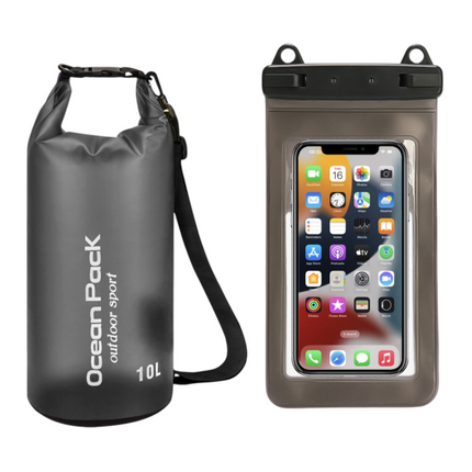Black 10L PVC Waterproof Swimming Bag Bonus with Waterproof Phone Pouch - Roll-Top Floating Dry Gear Bags for Beach, Kayaking & Outdoor Sports.