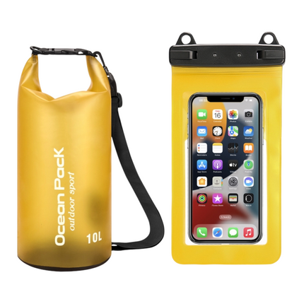 Yellow 10L PVC Waterproof Swimming Bag Bonus with Waterproof Phone Pouch - Roll-Top Floating Dry Gear Bags for Beach, Kayaking & Outdoor Sports.