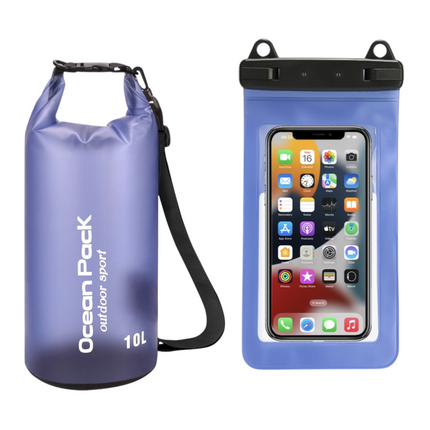 Blue Purple 10L PVC Waterproof Swimming Bag Bonus with Waterproof Phone Pouch - Roll-Top Floating Dry Gear Bags for Beach, Kayaking & Outdoor Sports.