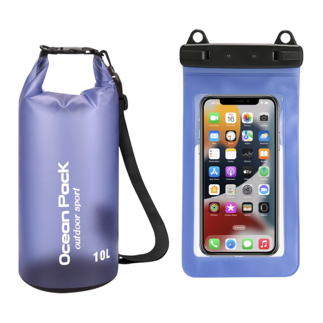 Blue Purple 10L PVC Waterproof Swimming Bag Bonus with Waterproof Phone Pouch - Roll-Top Floating Dry Gear Bags for Beach, Kayaking & Outdoor Sports.