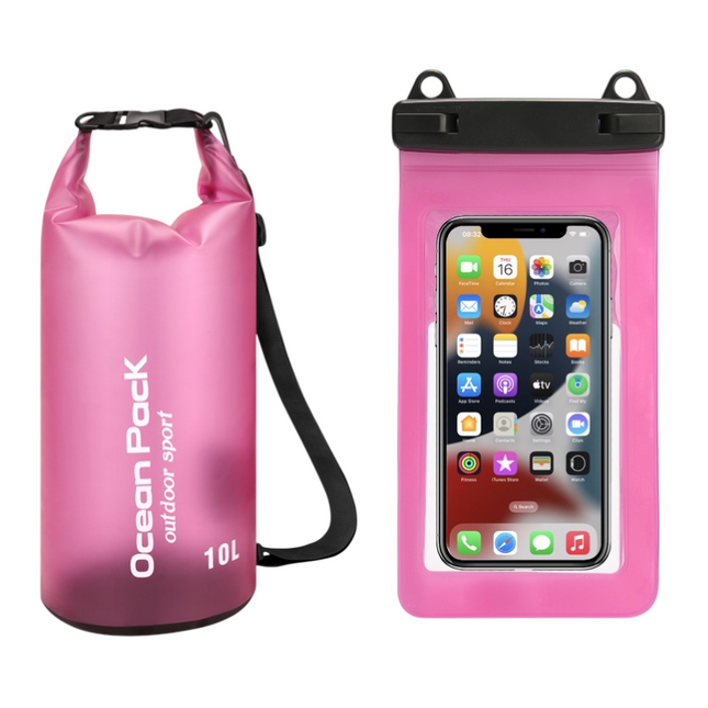 Pink 10L PVC Waterproof Swimming Bag Bonus with Waterproof Phone Pouch - Roll-Top Floating Dry Gear Bags for Beach, Kayaking & Outdoor Sports.