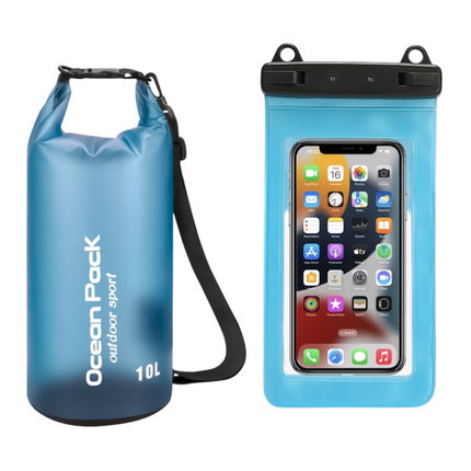 Blue 10L PVC Waterproof Swimming Bag Bonus with Waterproof Phone Pouch - Roll-Top Floating Dry Gear Bags for Beach, Kayaking & Outdoor Sports.