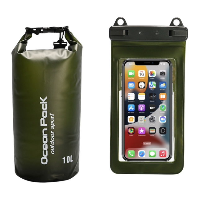 Dark Green 10L PVC Waterproof Swimming Bag Bonus with Waterproof Phone Pouch - Roll-Top Floating Dry Gear Bags for Beach, Kayaking & Outdoor Sports.