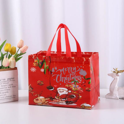 8-Pack Christmas Red Non-Woven Tote Bags(32 x 25 x 17 CM) with Film Coating - Reindeer Sleigh Design Holiday Reusable Gift Carrier Bags.