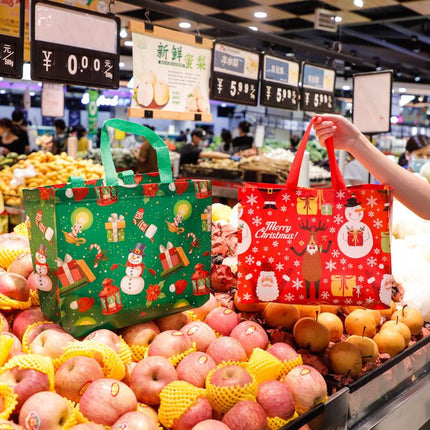 8-Pack Christmas Red Non-Woven Tote Bags(32 x 25 x 17 CM) with Film Coating - Reindeer Sleigh Design Holiday Reusable Gift Carrier Bags.
