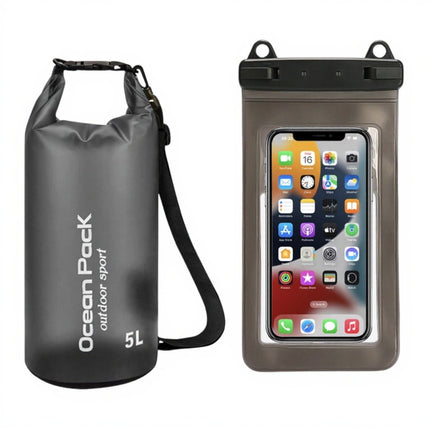 Black 5L PVC Waterproof Swimming Bag Bonus with Waterproof Phone Pouch - Roll-Top Floating Dry Gear Bags for Beach, Kayaking & Outdoor Sports.