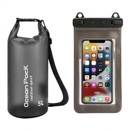 Black 5L PVC Waterproof Swimming Bag Bonus with Waterproof Phone Pouch - Roll-Top Floating Dry Gear Bags for Beach, Kayaking & Outdoor Sports.