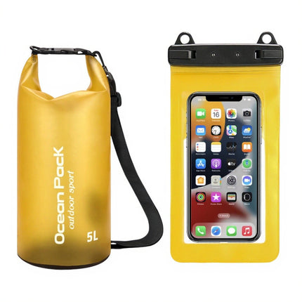 Yellow 5L PVC Waterproof Swimming Bag Bonus with Waterproof Phone Pouch - Roll-Top Floating Dry Gear Bags for Beach, Kayaking & Outdoor Sports.