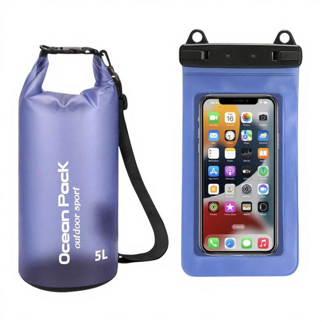 Blue Purple 5L PVC Waterproof Swimming Bag Bonus with Waterproof Phone Pouch - Roll-Top Floating Dry Gear Bags for Beach, Kayaking & Outdoor Sports.