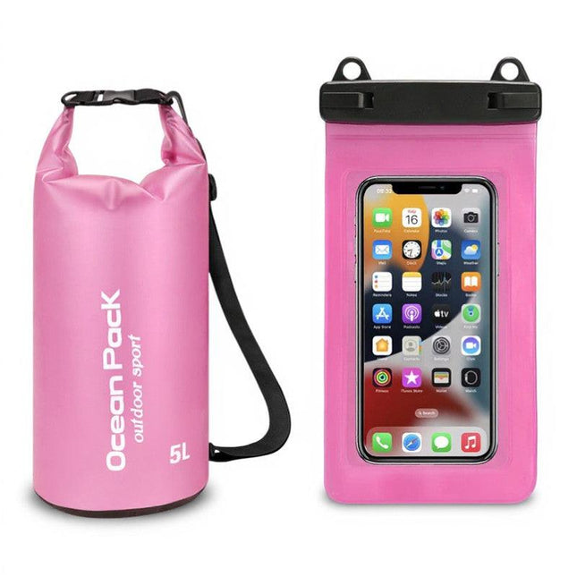Pink 5L PVC Waterproof Swimming Bag Bonus with Waterproof Phone Pouch - Roll-Top Floating Dry Gear Bags for Beach, Kayaking & Outdoor Sports.