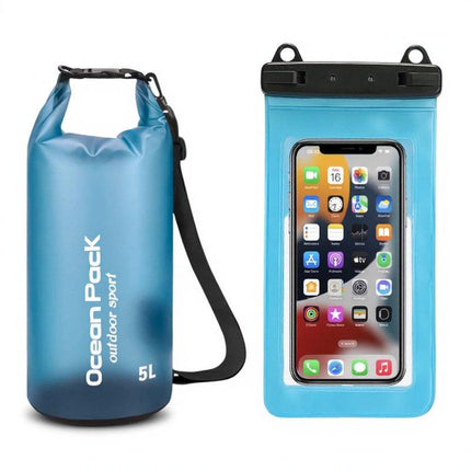 Blue 5L PVC Waterproof Swimming Bag Bonus with Waterproof Phone Pouch - Roll-Top Floating Dry Gear Bags for Beach, Kayaking & Outdoor Sports.