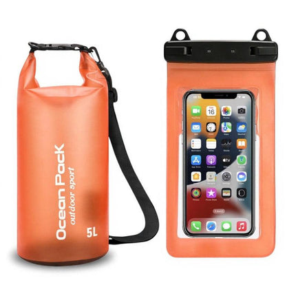 Orange 5L PVC Waterproof Swimming Bag Bonus with Waterproof Phone Pouch - Roll-Top Floating Dry Gear Bags for Beach, Kayaking & Outdoor Sports.