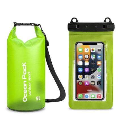 Light Green 5L PVC Waterproof Swimming Bag Bonus with Waterproof Phone Pouch - Roll-Top Floating Dry Gear Bags for Beach, Kayaking & Outdoor Sports.