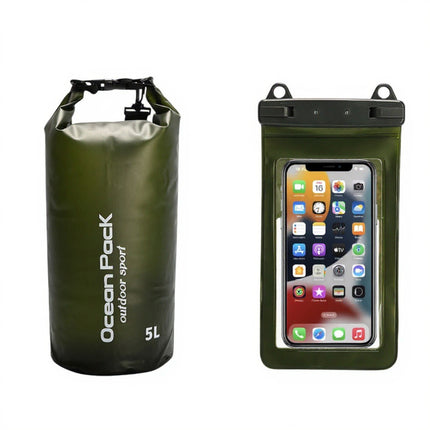 Dark Green 5L PVC Waterproof Swimming Bag Bonus with Waterproof Phone Pouch - Roll-Top Floating Dry Gear Bags for Beach, Kayaking & Outdoor Sports.