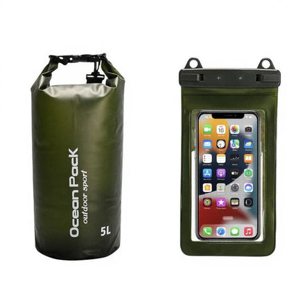 Dark Green 5L PVC Waterproof Swimming Bag Bonus with Waterproof Phone Pouch - Roll-Top Floating Dry Gear Bags for Beach, Kayaking & Outdoor Sports.