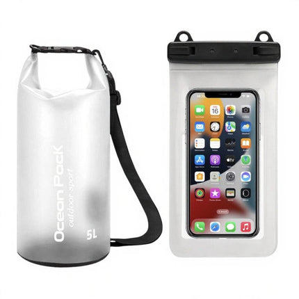 White 5L PVC Waterproof Swimming Bag Bonus with Waterproof Phone Pouch - Roll-Top Floating Dry Gear Bags for Beach, Kayaking & Outdoor Sports.