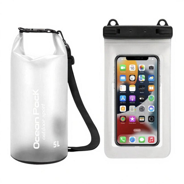 White 5L PVC Waterproof Swimming Bag Bonus with Waterproof Phone Pouch - Roll-Top Floating Dry Gear Bags for Beach, Kayaking & Outdoor Sports.