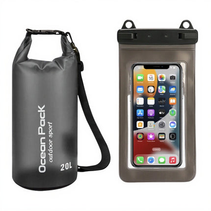 Black 20L PVC Waterproof Swimming Bag Bonus with Waterproof Phone Pouch - Roll-Top Floating Dry Gear Bags for Beach, Kayaking & Outdoor Sports.