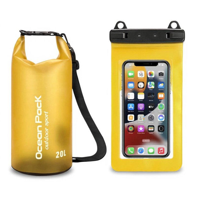 Yellow 20L PVC Waterproof Swimming Bag Bonus with Waterproof Phone Pouch - Roll-Top Floating Dry Gear Bags for Beach, Kayaking & Outdoor Sports.
