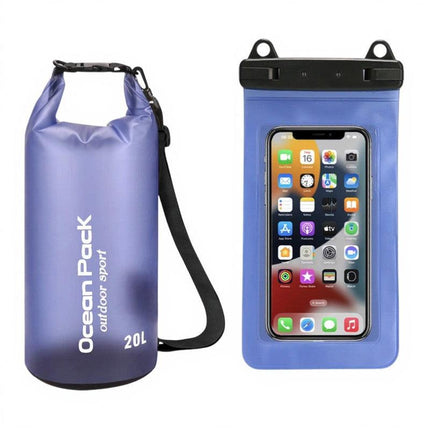 Blue Purple 20L PVC Waterproof Swimming Bag Bonus with Waterproof Phone Pouch - Roll-Top Floating Dry Gear Bags for Beach, Kayaking & Outdoor Sports.