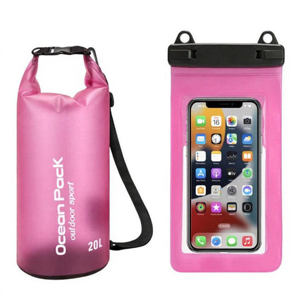 Pink 20L PVC Waterproof Swimming Bag Bonus with Waterproof Phone Pouch - Roll-Top Floating Dry Gear Bags for Beach, Kayaking & Outdoor Sports.