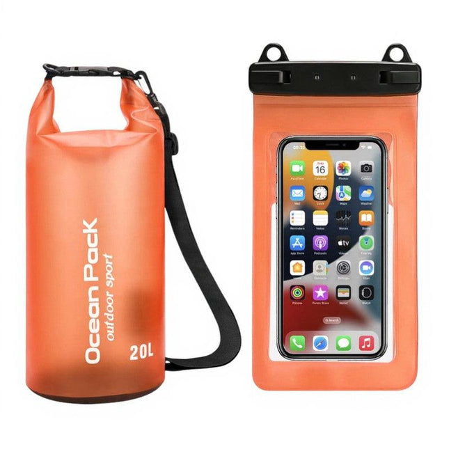 Orange 20L PVC Waterproof Swimming Bag Bonus with Waterproof Phone Pouch - Roll-Top Floating Dry Gear Bags for Beach, Kayaking & Outdoor Sports.