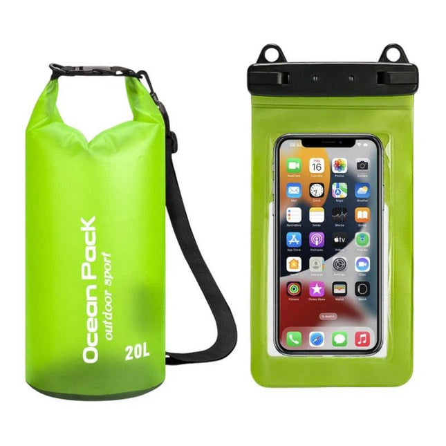 Light Green 20L PVC Waterproof Swimming Bag Bonus with Waterproof Phone Pouch - Roll-Top Floating Dry Gear Bags for Beach, Kayaking & Outdoor Sports.