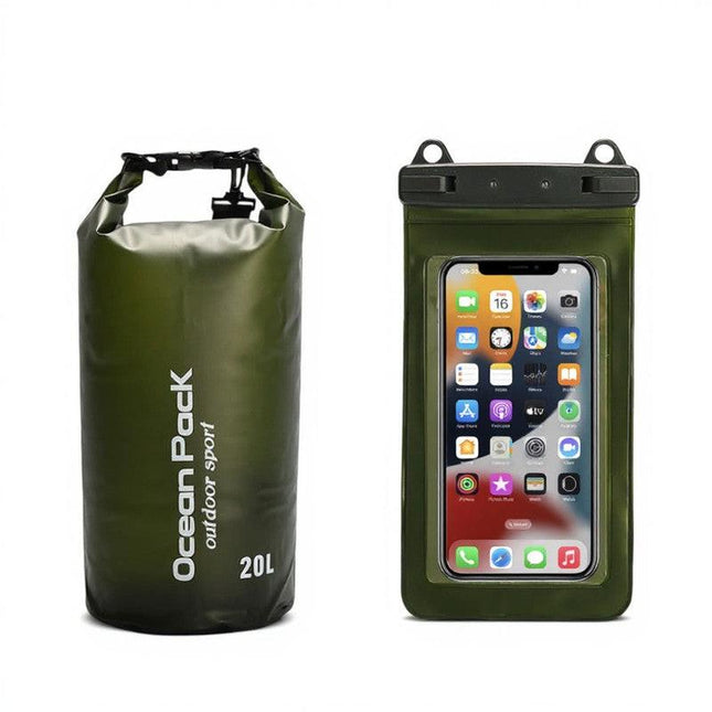 Dark Green 20L PVC Waterproof Swimming Bag Bonus with Waterproof Phone Pouch - Roll-Top Floating Dry Gear Bags for Beach, Kayaking & Outdoor Sports.