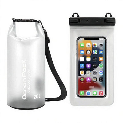 White 20L PVC Waterproof Swimming Bag Bonus with Waterproof Phone Pouch - Roll-Top Floating Dry Gear Bags for Beach, Kayaking & Outdoor Sports.