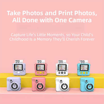 Blue ABS-681 Portable Kids Mini Digital Polaroid with 32GB Card,  3 Rolls Printing Paper & 6 Color Pens - Instant Print Thermal Photo Printer for DIY Fun.