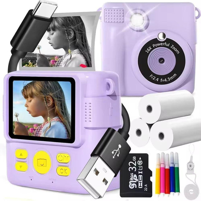 Purple ABS-681 Portable Kids Mini Digital Polaroid with 32GB Card,  3 Rolls Printing Paper & 6 Color Pens - Instant Print Thermal Photo Printer for DIY Fun.