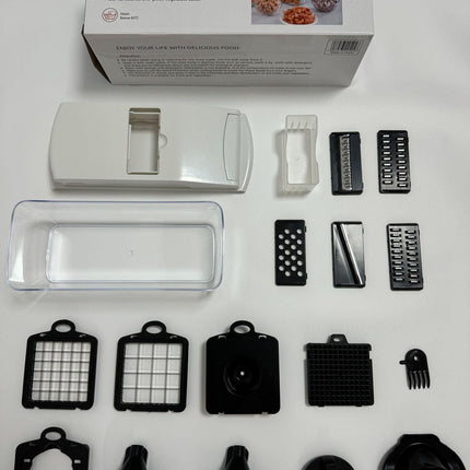 18-Piece Black-White Multi-Function Vegetable Chopper & Slicer Set - Rotary Grater with 5 Muti-Style Stainless Steel Blades for Home Kitchen.