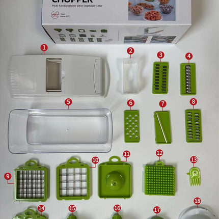 18-Piece White-Green Multi-Function Vegetable Chopper & Slicer Set - Rotary Grater with 5 Muti-Style Stainless Steel Blades for Home Kitchen.