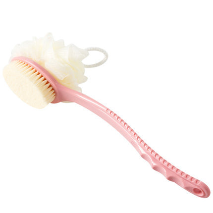 2-Pack Pink 2-in-1 Soft Bristle Long Handle Bath Brush & Shower Pouf Combo - Double-Sided Back Scrubber for Adults & Kids.