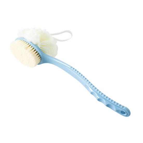 2-Pack Blue 2-in-1 Soft Bristle Long Handle Bath Brush & Shower Pouf Combo - Double-Sided Back Scrubber for Adults & Kids.
