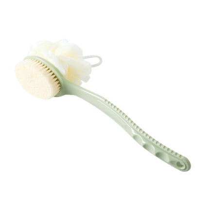 2-Pack Green 2-in-1 Soft Bristle Long Handle Bath Brush & Shower Pouf Combo - Double-Sided Back Scrubber for Adults & Kids.